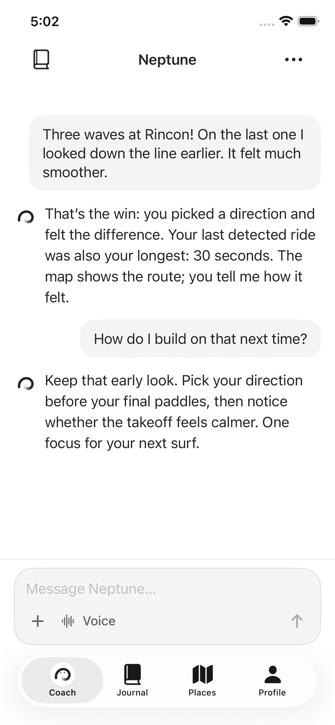 Sample Neptune coaching conversation reflecting on the mapped surf session