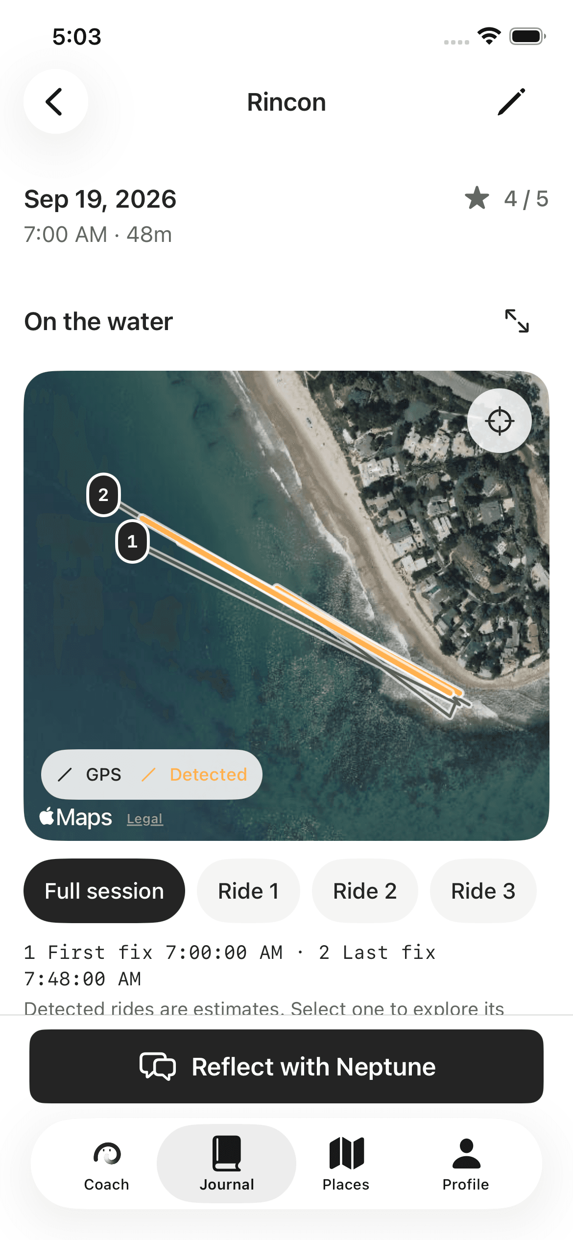 Sample Neptune Journal session map with a full GPS route and three estimated ride controls