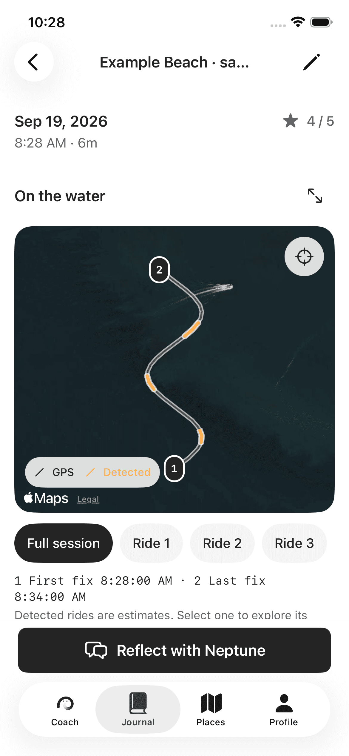 Sample Neptune Journal surf route with highlighted estimated ride sections