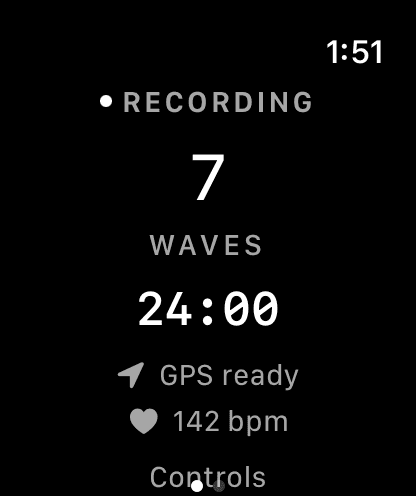 Example Neptune Watch screen with elapsed time, estimated waves, and heart rate from a sample session.