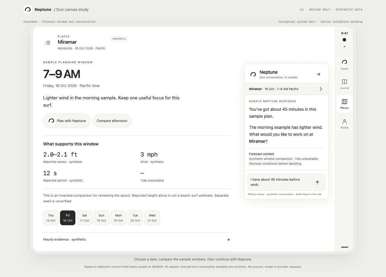 Upcoming Neptune Duo Places design preview: synthetic map, sample planning windows, and an example coach panel. Review prototype, not a live forecast or released native app.